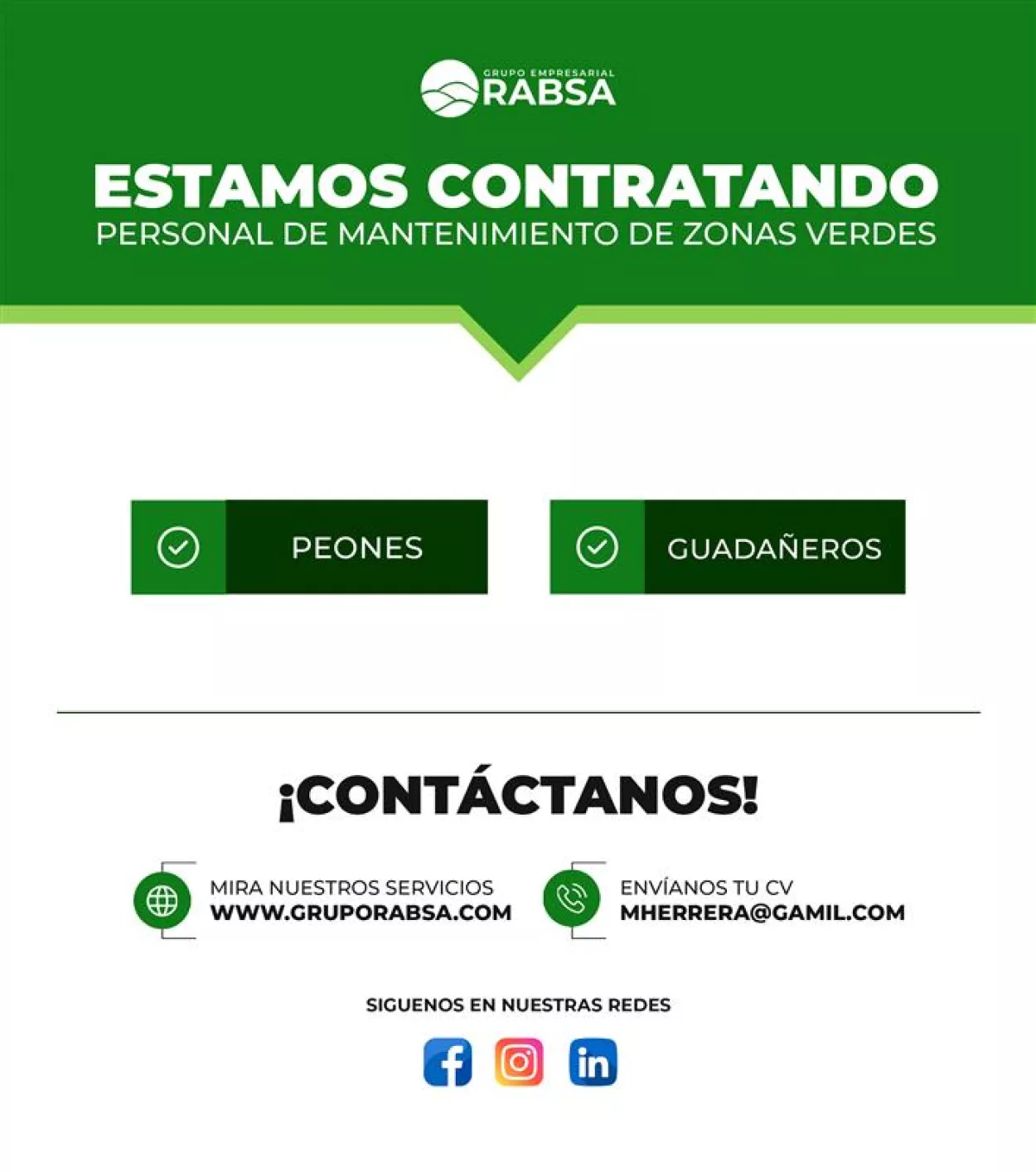 Se requiere contratación de Peones y Guadañeros